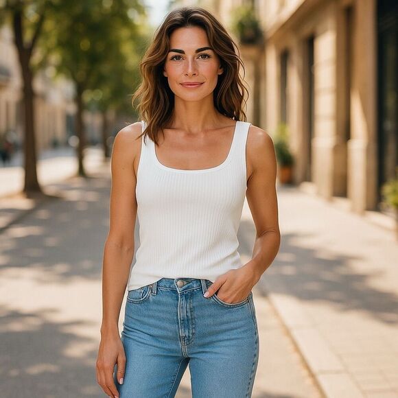 Uniqlo Women's White Ribbed Square Neck Tank Top Size M - Picture 3 of 6